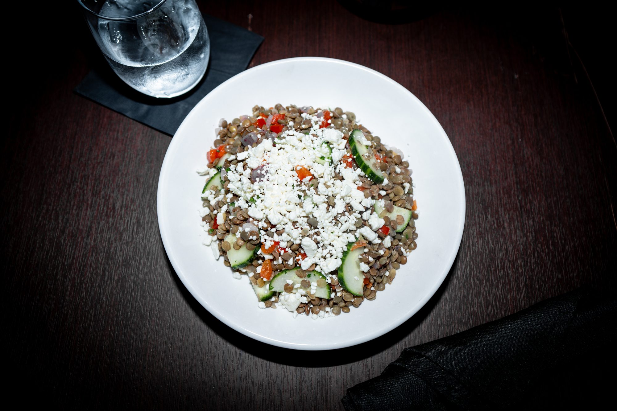 Lentil and grain salad finished with crumbled feta