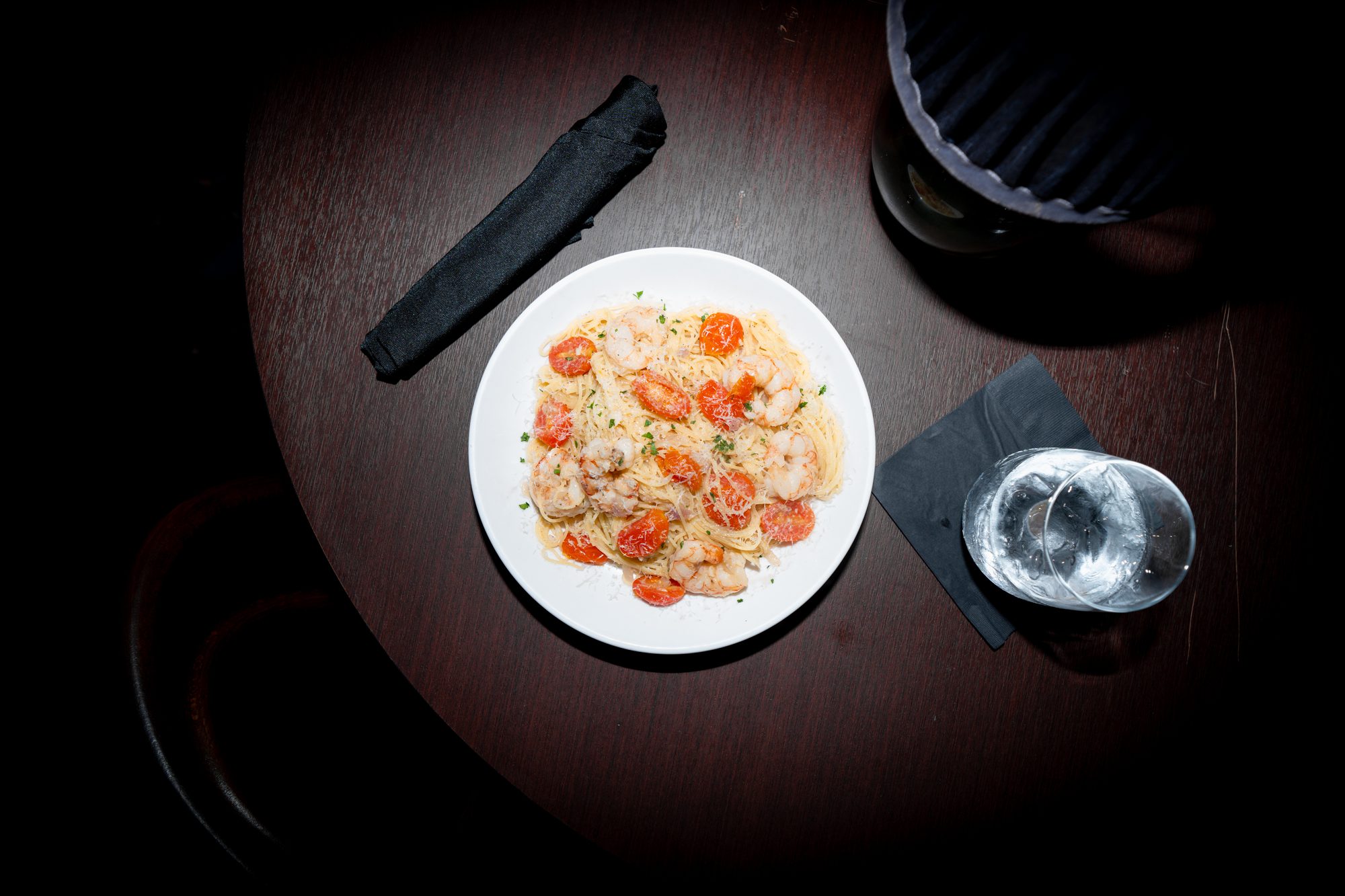 Shrimp pasta with blistered cherry tomatoes